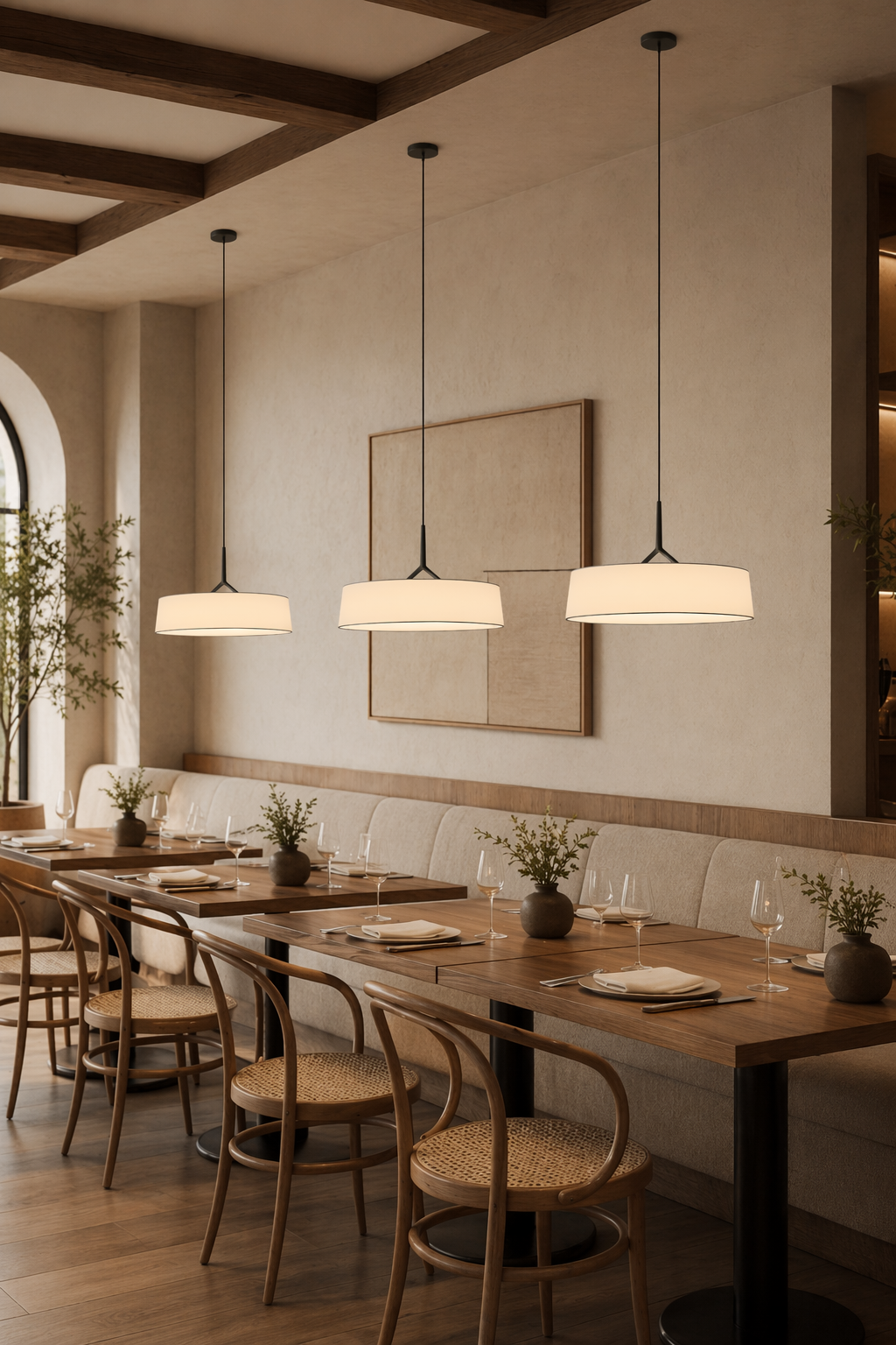 Modern Fabric Drum LED Pendant Light - 08 08-restaurant-dining-wide