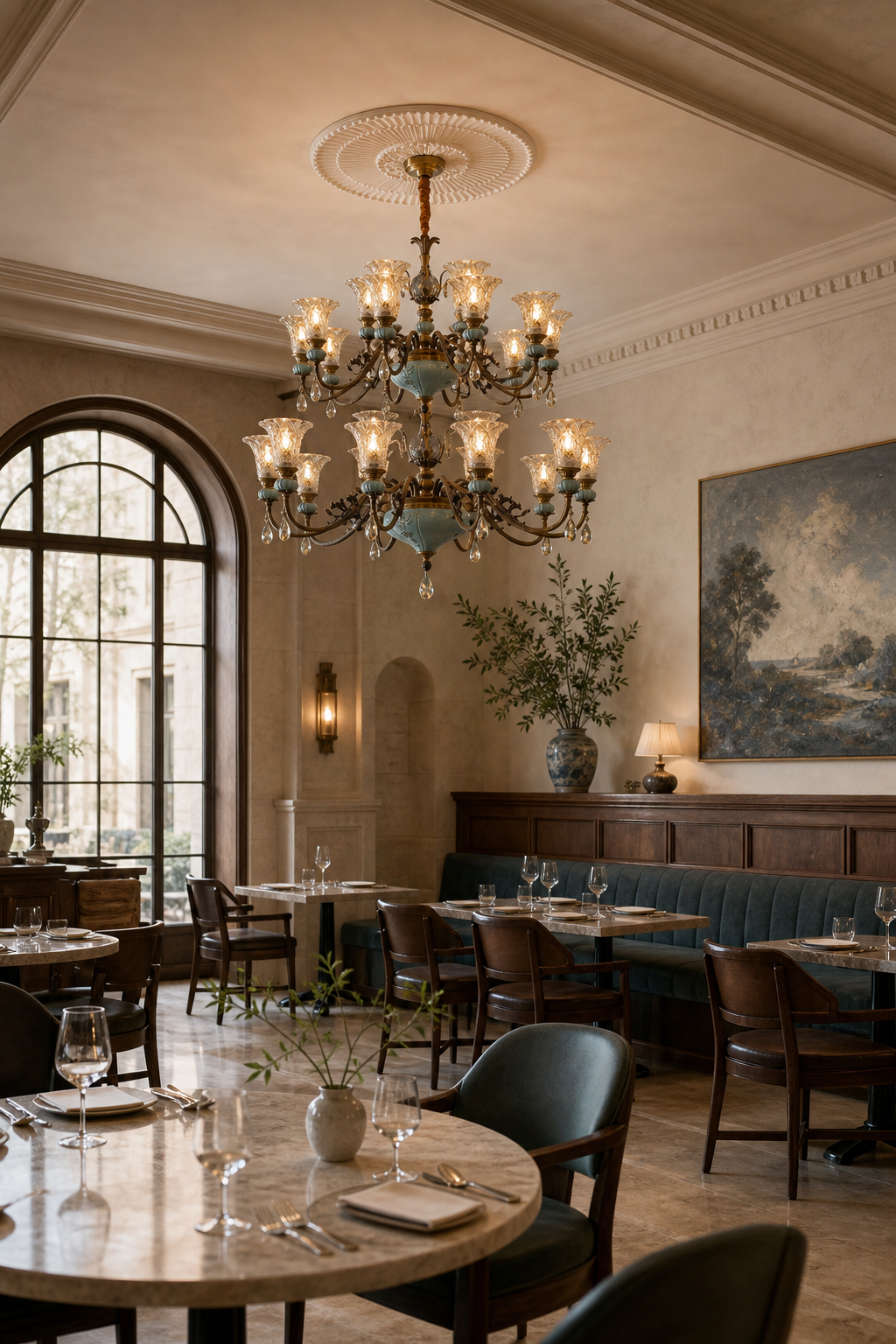 Blue Glazed Ceramic Two-Tier Chandelier restaurant lounge wide