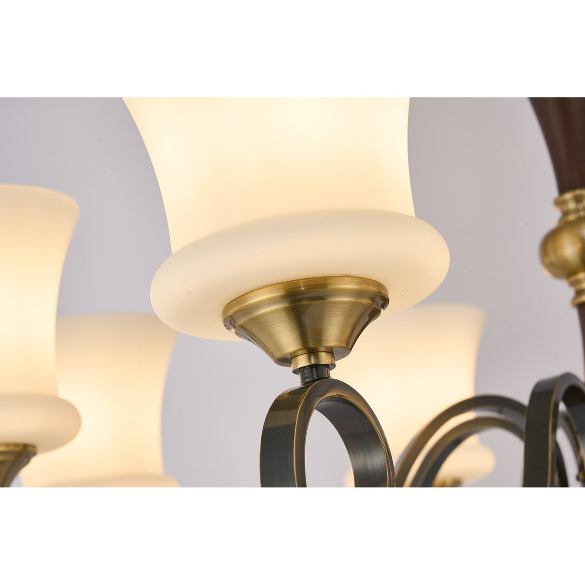 Supplier real detail photograph of the Rosethorne flared milky-opal glass shade and brass cup