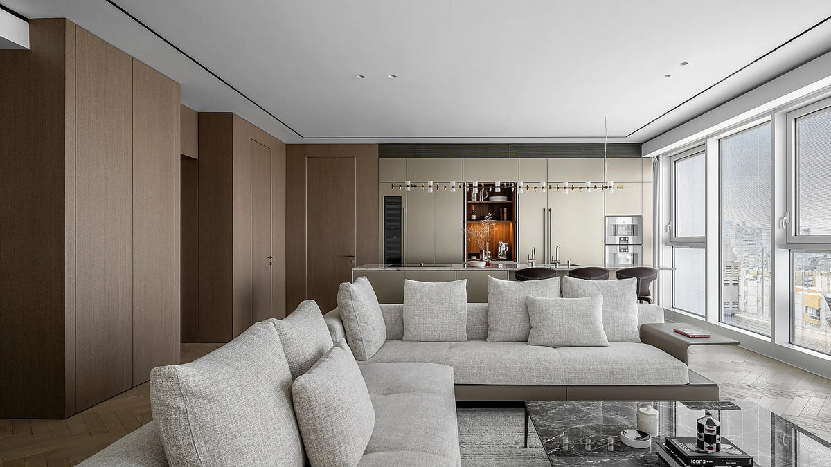 Royal linear pendant complete installation in a warm open-plan residence