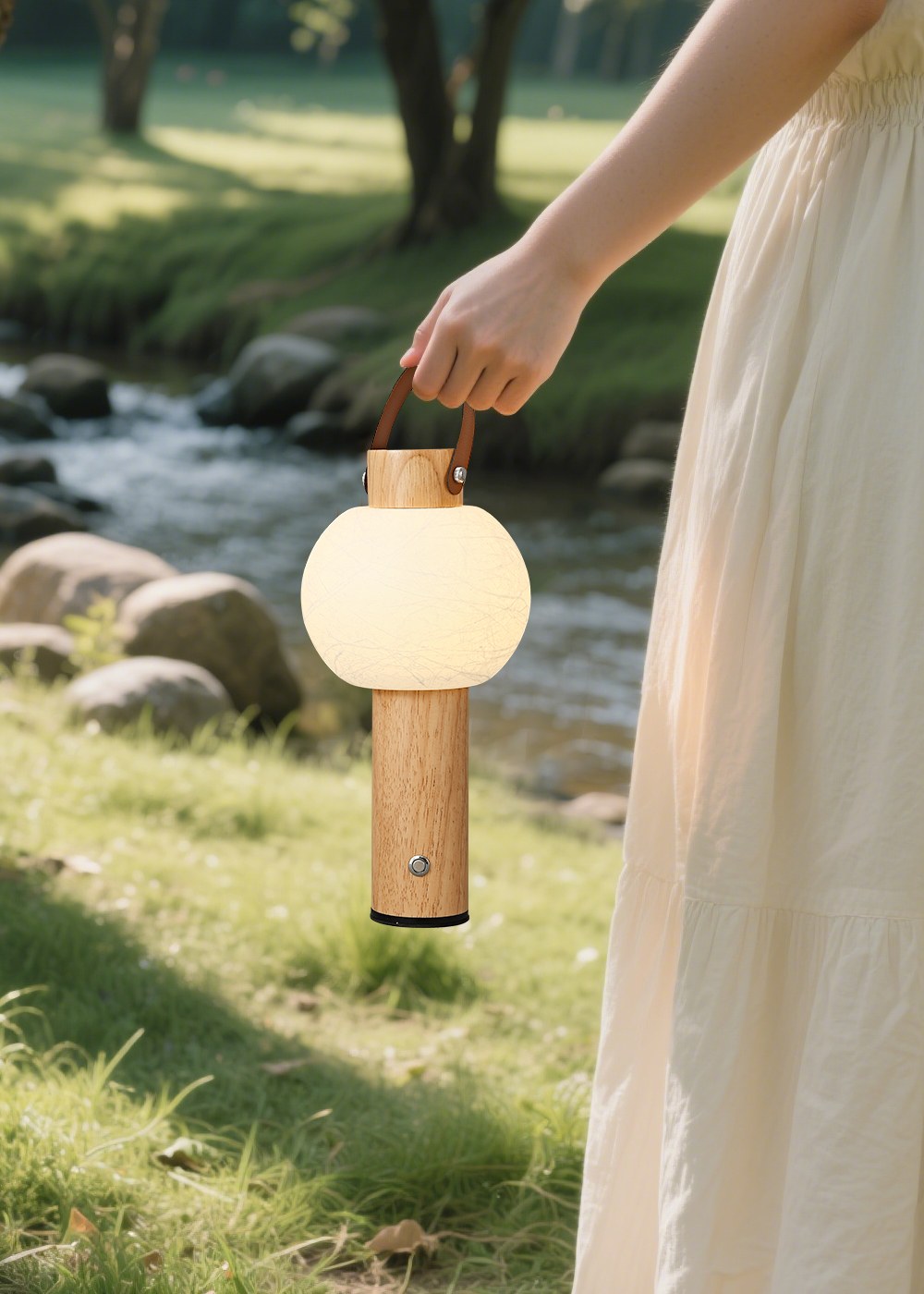 Portable Silk-Effect Acrylic Table Lamp in Wood Finishes - 08 08-scene-portable-lamp-nightstand