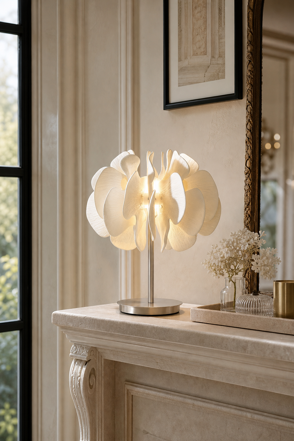 Sculptural Ceramic Petal Table Lamp shelf styling