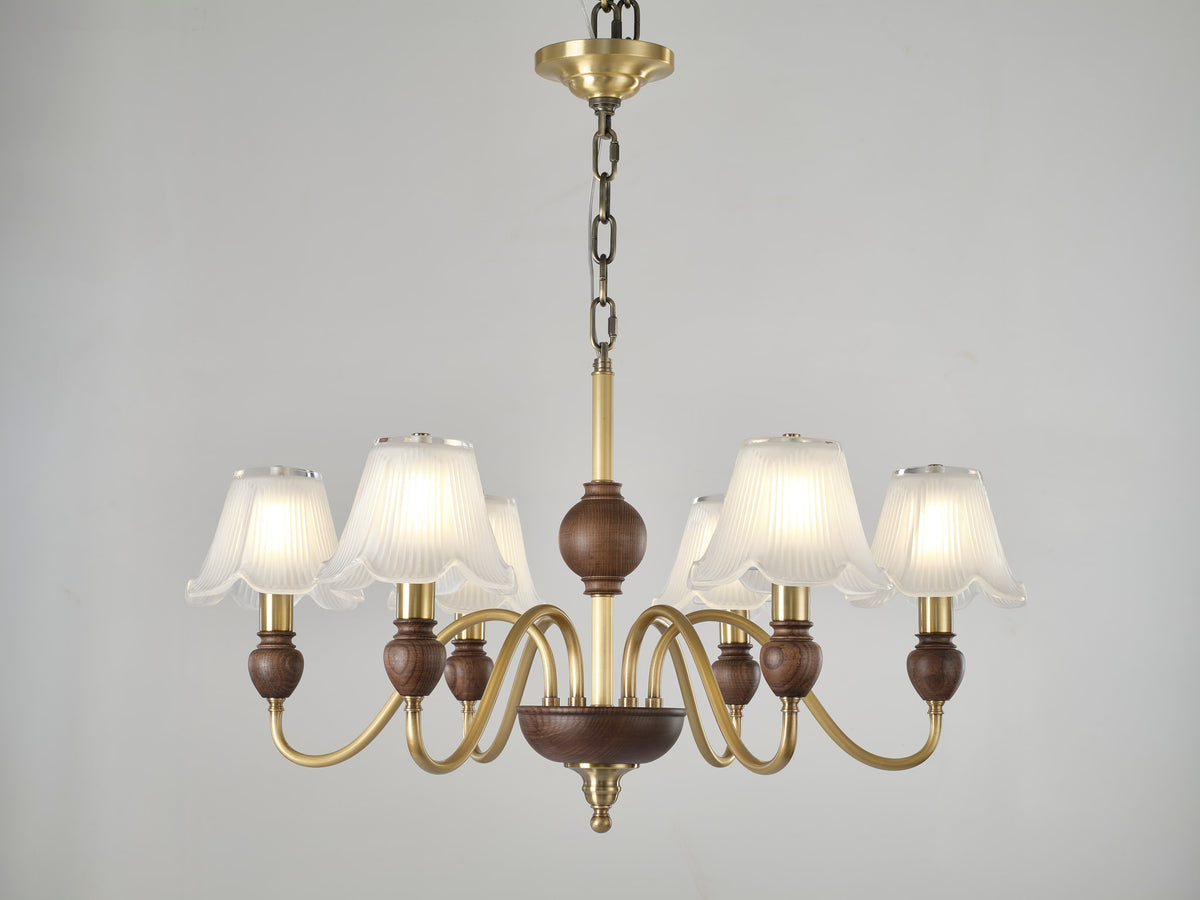 Complete supplier real photograph of the Sorrelune six-light chandelier with canopy