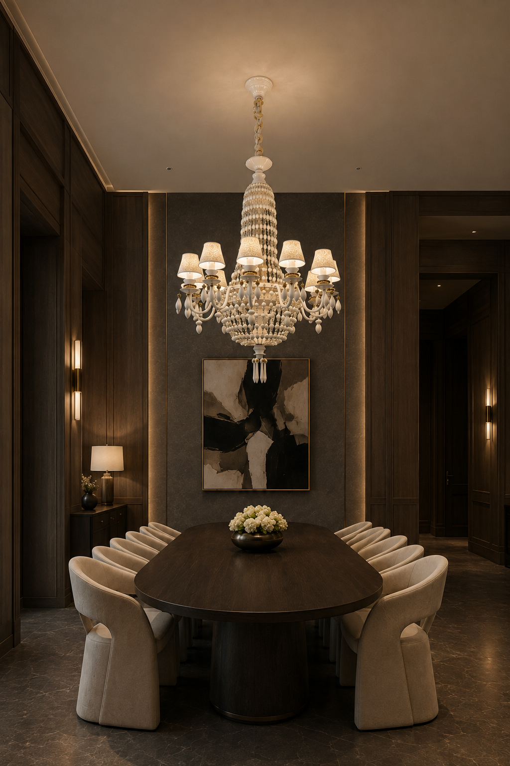 Ivorelle 12-light chandelier – dark wood dining room