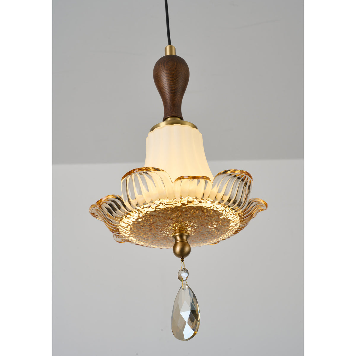 Supplier real detail photograph of Celestine Pendant A glass crown and crystal detail lit
