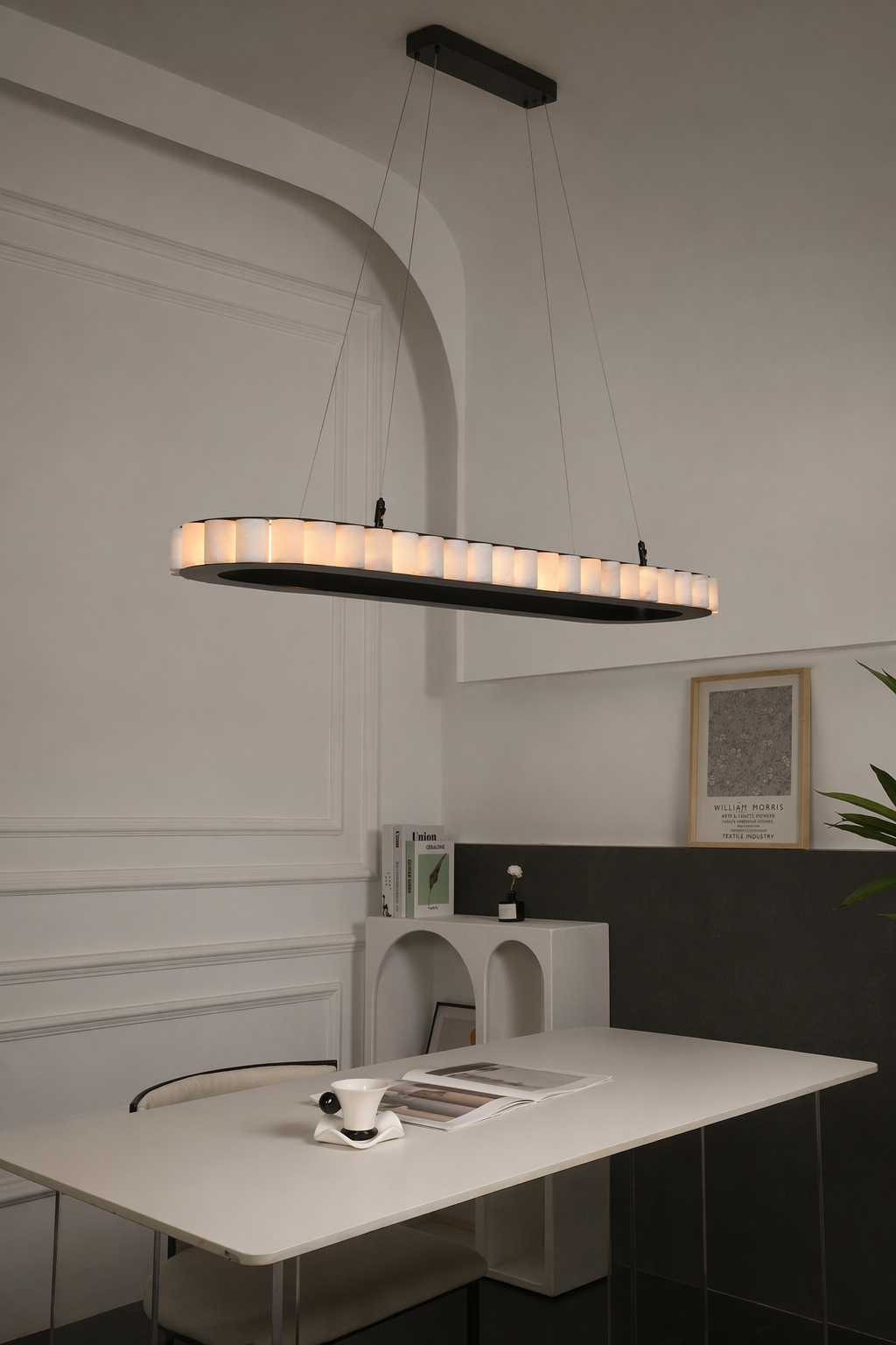Modern Alabaster Linear Island Chandelier in Matte Black - 09 09-alabaster-lit-detail-scene