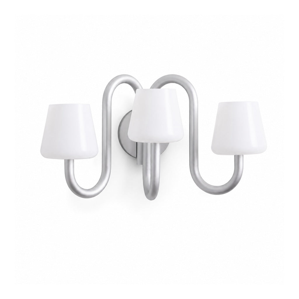 Apollo three-light gray aluminum and opal glass wall sconce complete on a pure white background