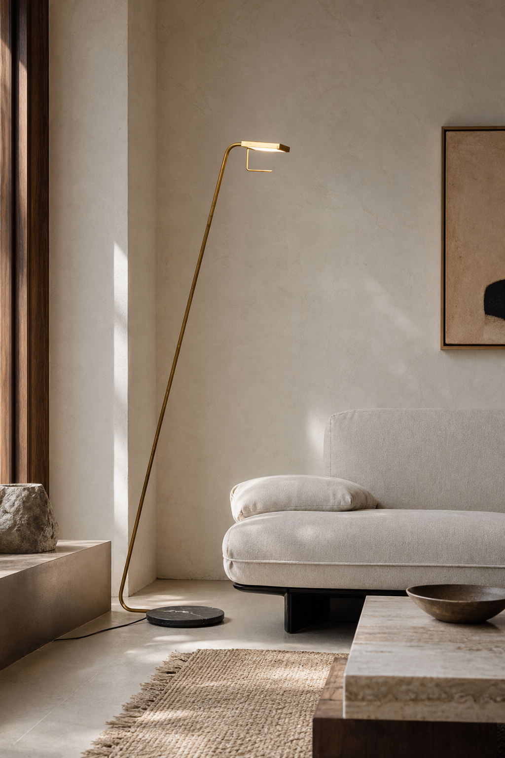 Antique Brass Marble LED Floor Lamp styled in a designer interior, view 9