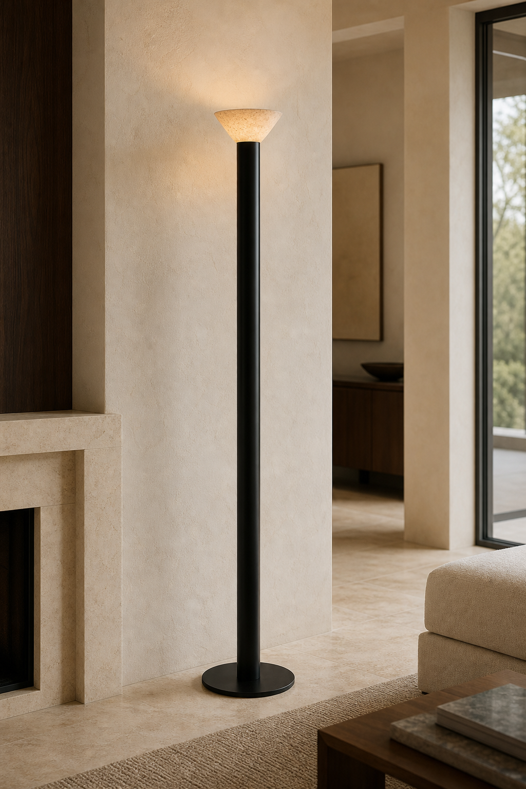 Minimalist Cone LED Floor Lamp with cloud stone shade styled in a designer interior, view 9