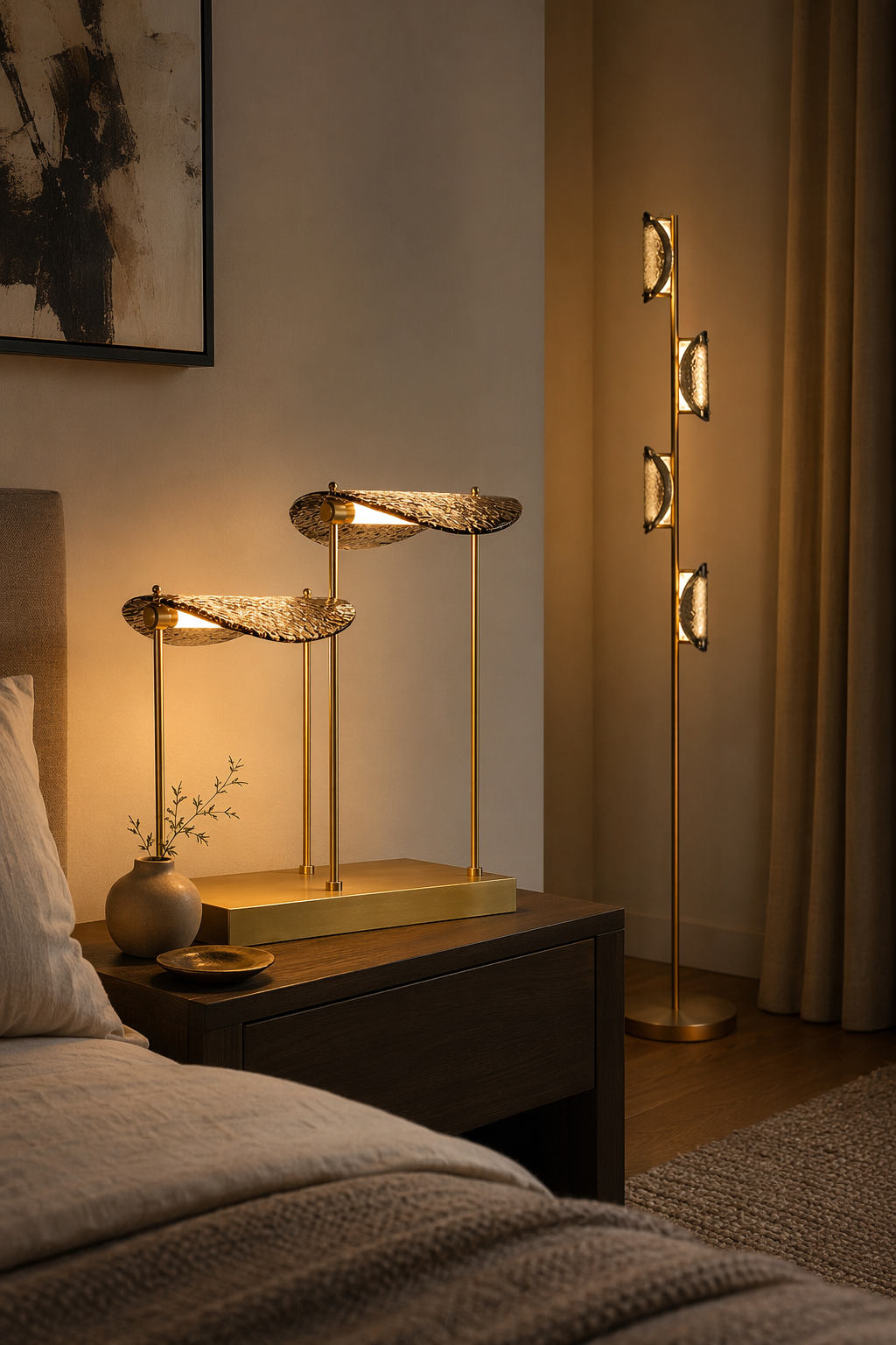 Modern Smoked Glass Brass Table and Floor Lamp - 09 09-bedroom-corner-both-variants