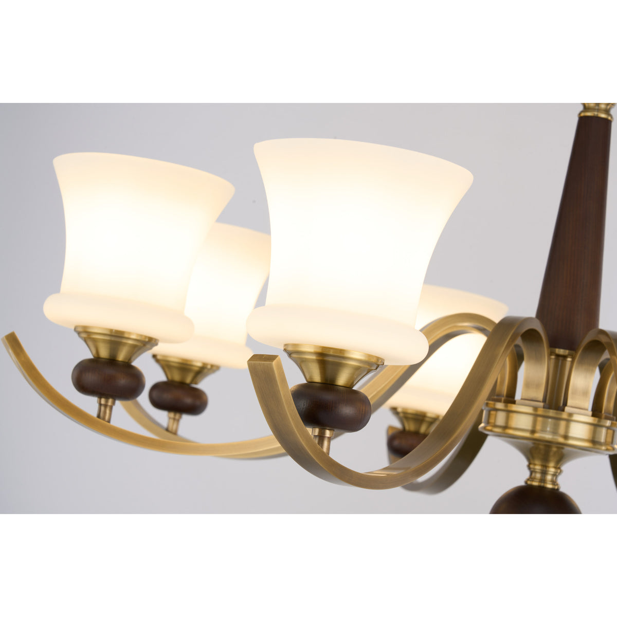 Supplier real detail photograph of the Brontelle flared opal glass, wood collar and curved brass arm