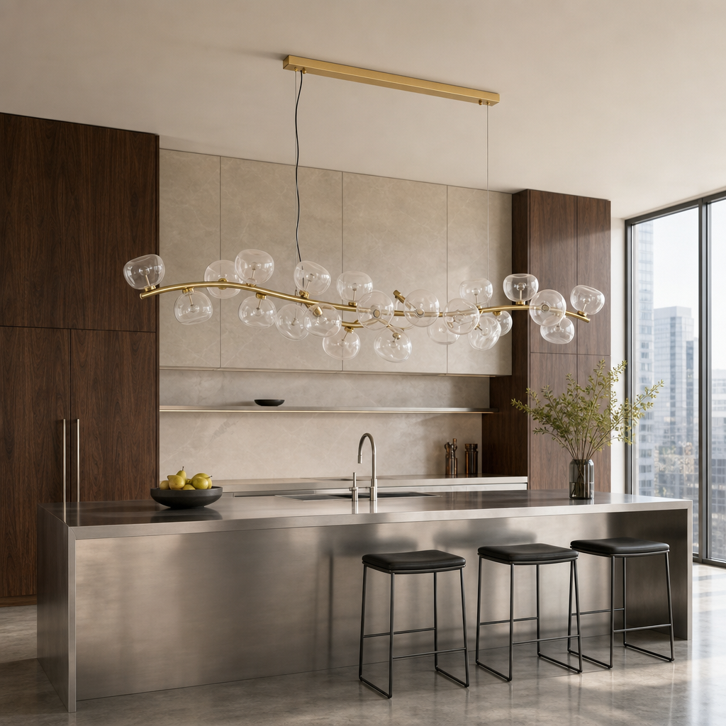 Clear glass 26-light linear chandelier with the lights off above a stainless steel kitchen island