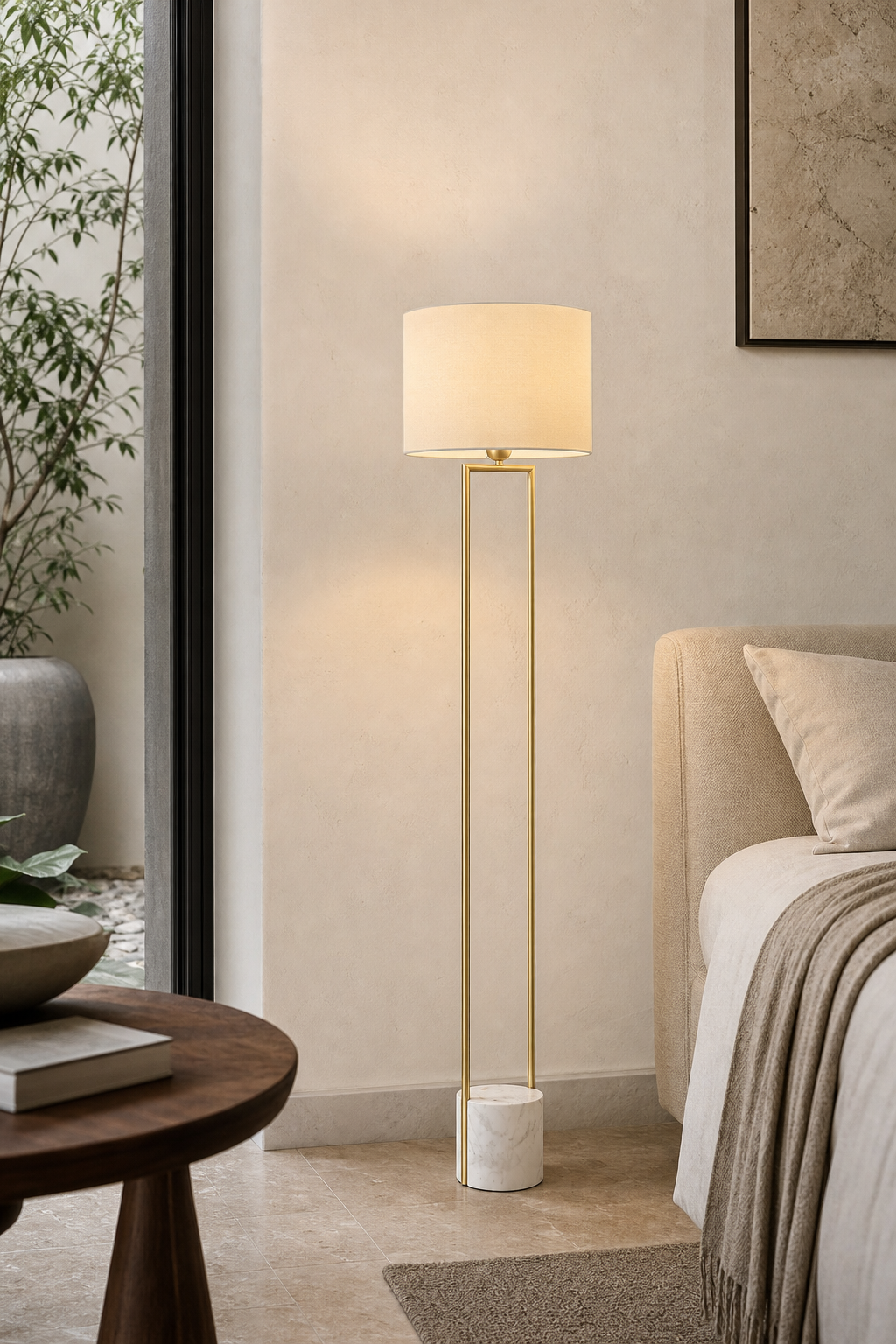 Double-Rod Marble Base Floor Lamp in natural brass styled in a designer interior, view 9