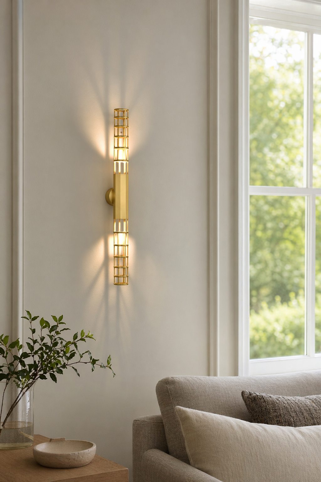 Modern Natural Brass Linear LED Wall Sconce - generated main 09 09-close-room-angle