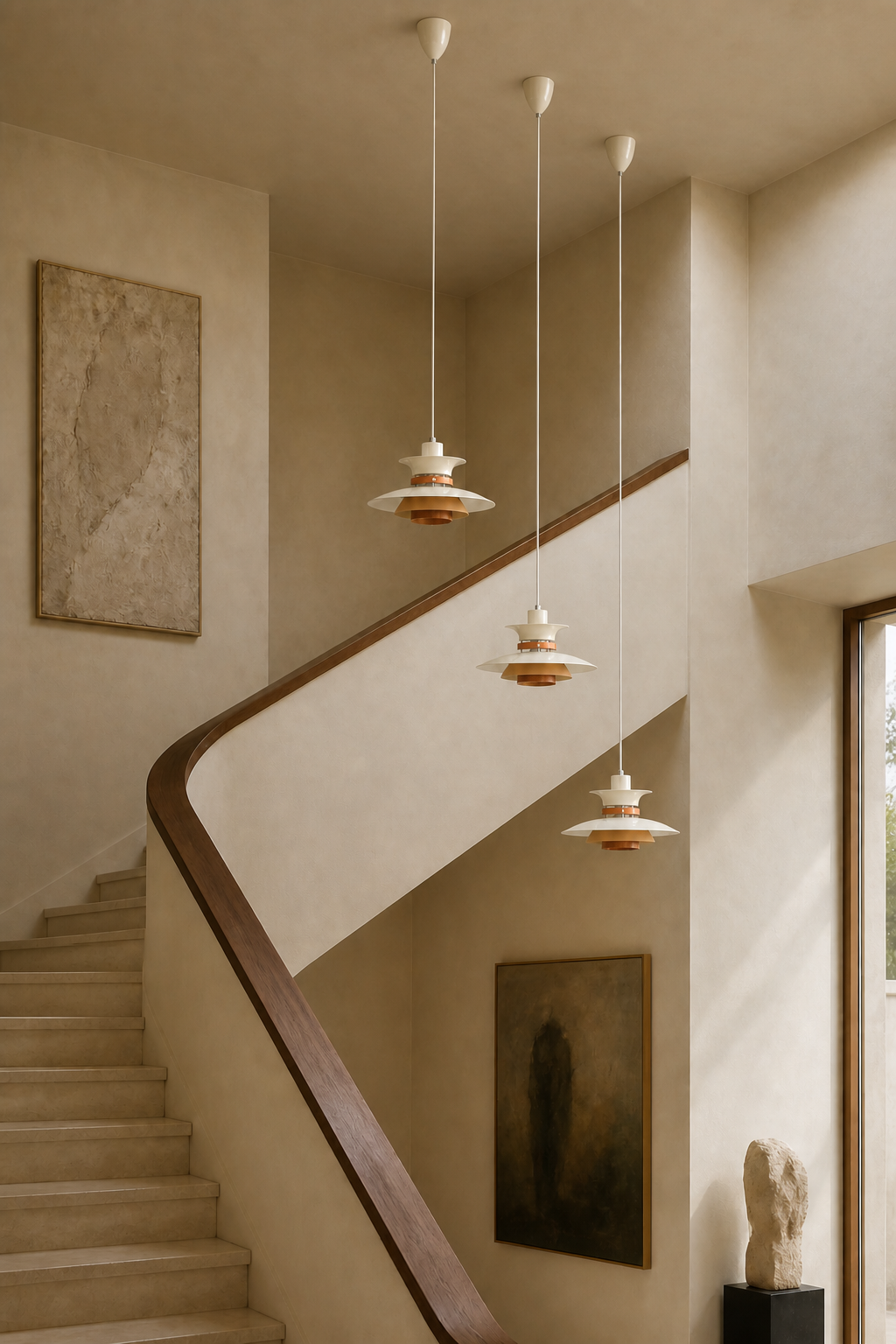 Layered Aluminum and Walnut Pendant Light — three independently mounted pendants in a stairwell