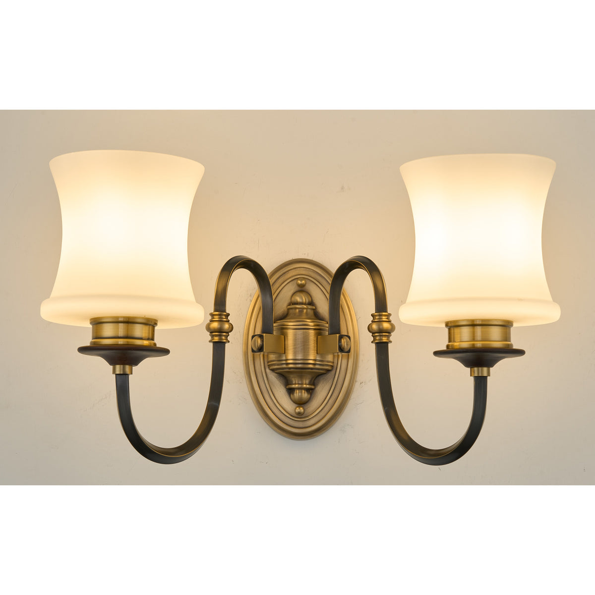 Supplier real detail crop of the Ebonelle two-light flared opal glass shades
