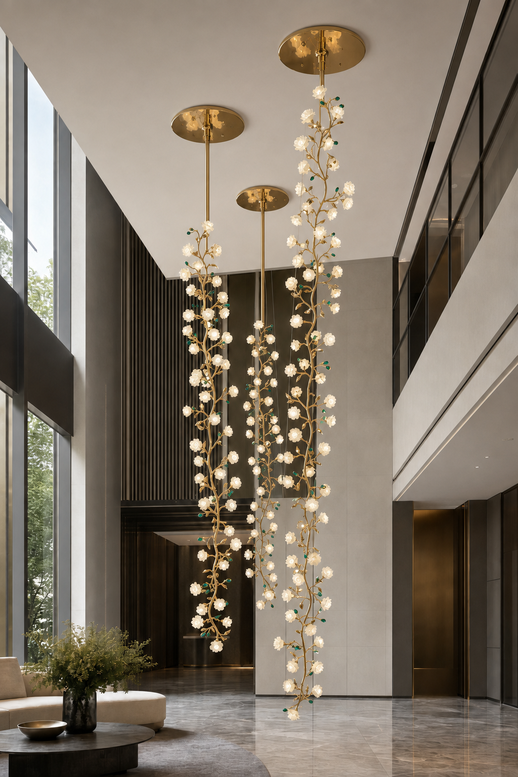 Sylverelle long chandelier – multi-drop engineering installation with individual canopies