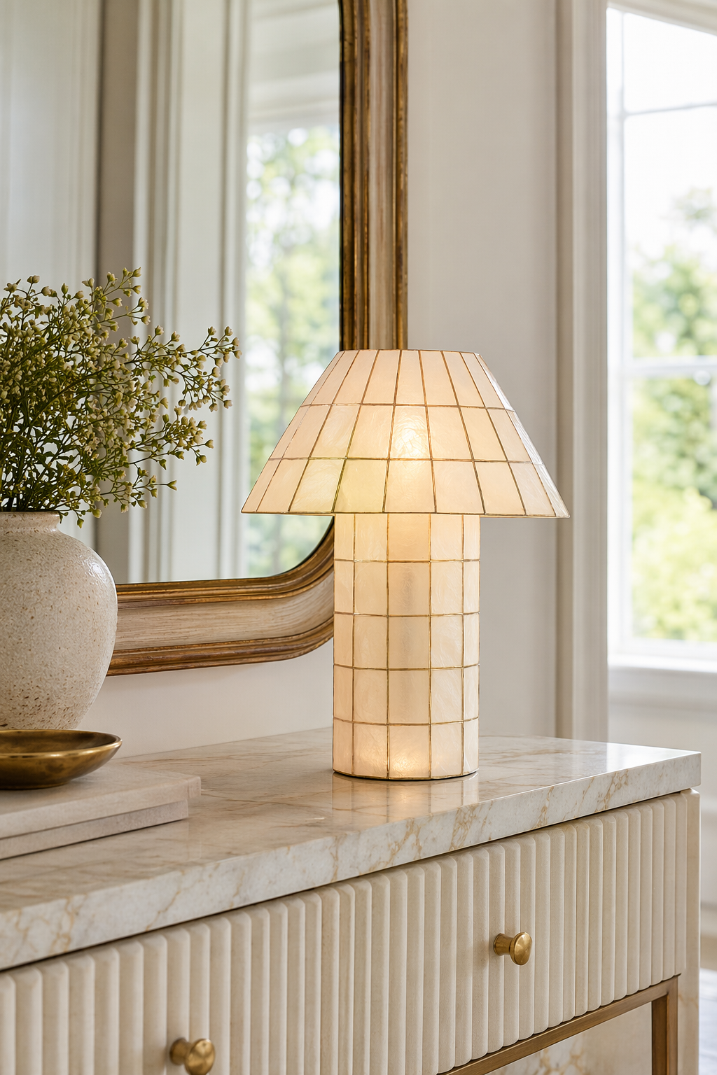 Modern Capiz Shell Mosaic Table Lamp - 09 09-entry-shelf-styling