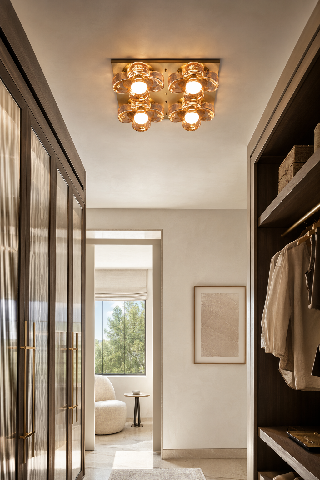 4-Light Amber Glass Flush Mount Ceiling Light installed in an entry or hallway