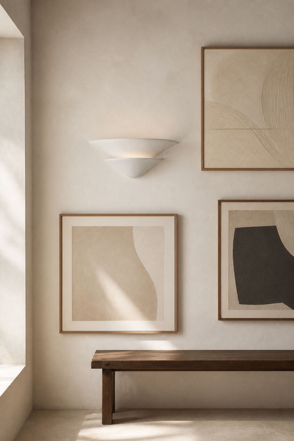 Sculptural Double-Tier Plaster Wall Sconce — wall sconce on a gallery wall