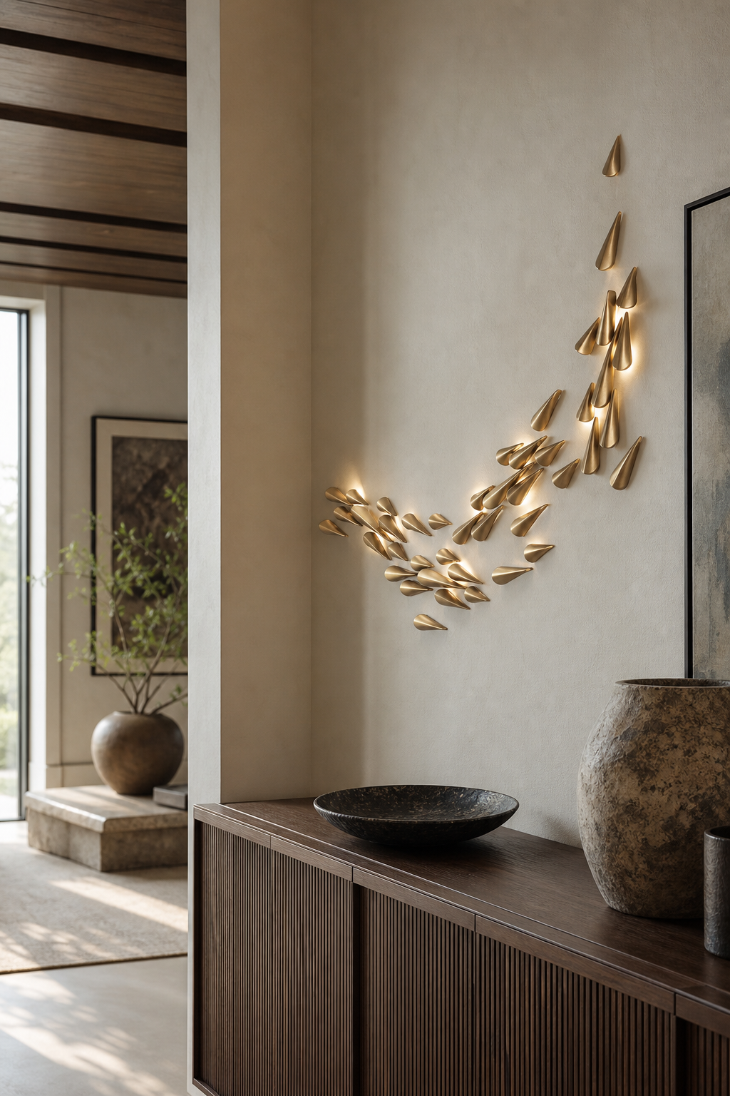 Brass Leaf LED Wall Art Sconce installed on a designer interior wall, view 9