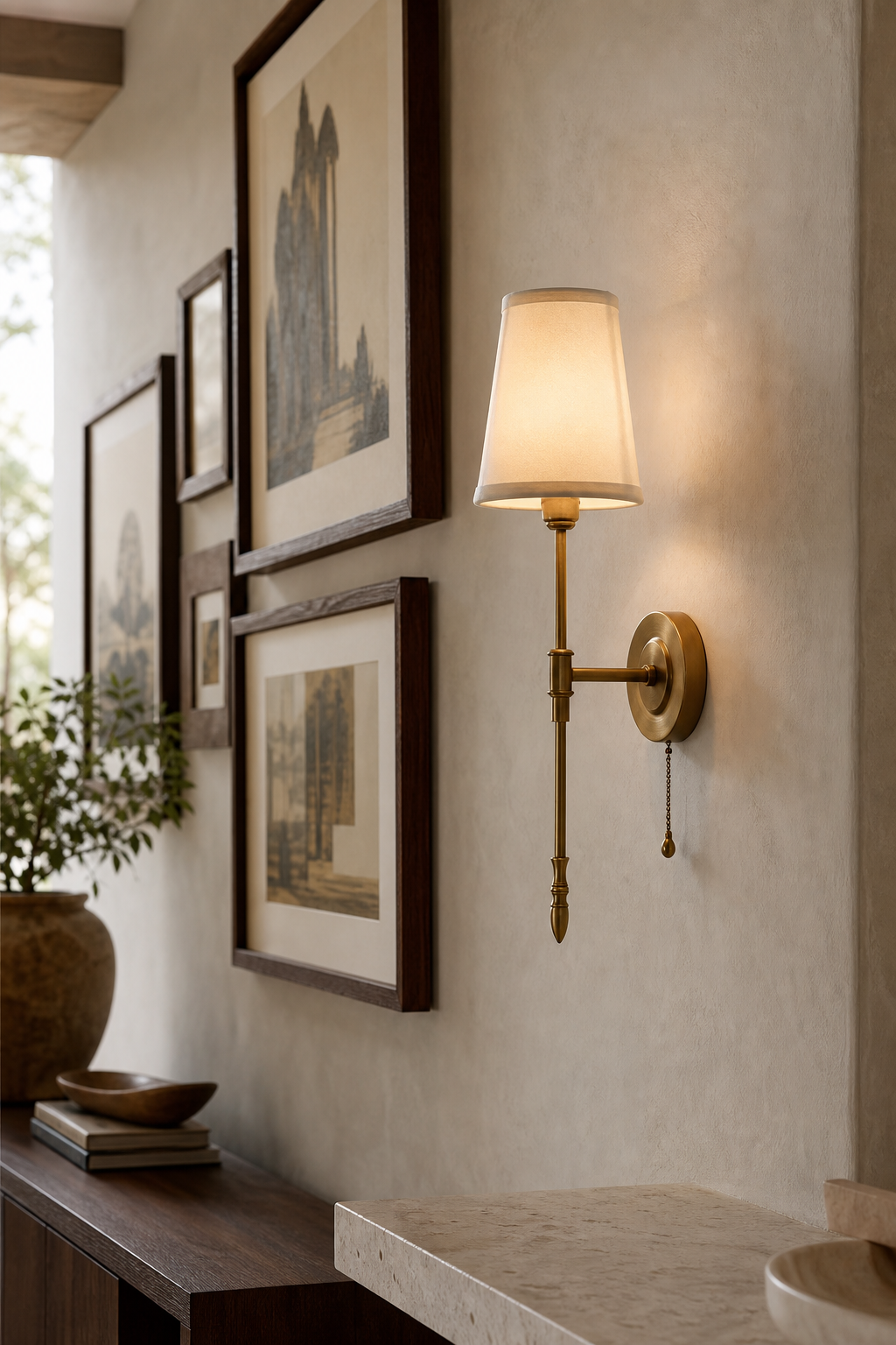Antique Brass Fabric Shade Wall Sconce gallery wall