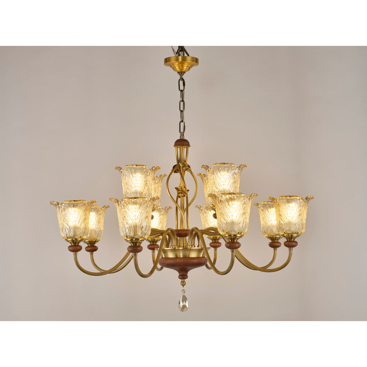 Real product photograph of the ten-light single-tier chandelier