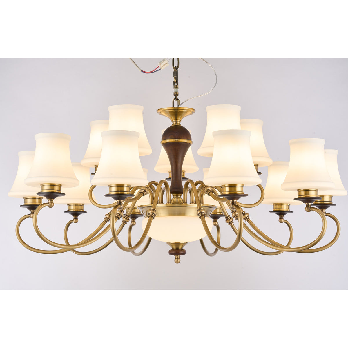Supplier real photograph of the Glenhaven eighteen-light two-tier chandelier complete lit front view