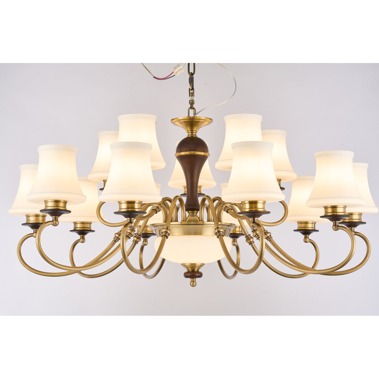 Supplier real photograph of the Glenhaven eighteen-light two-tier chandelier complete lit front view