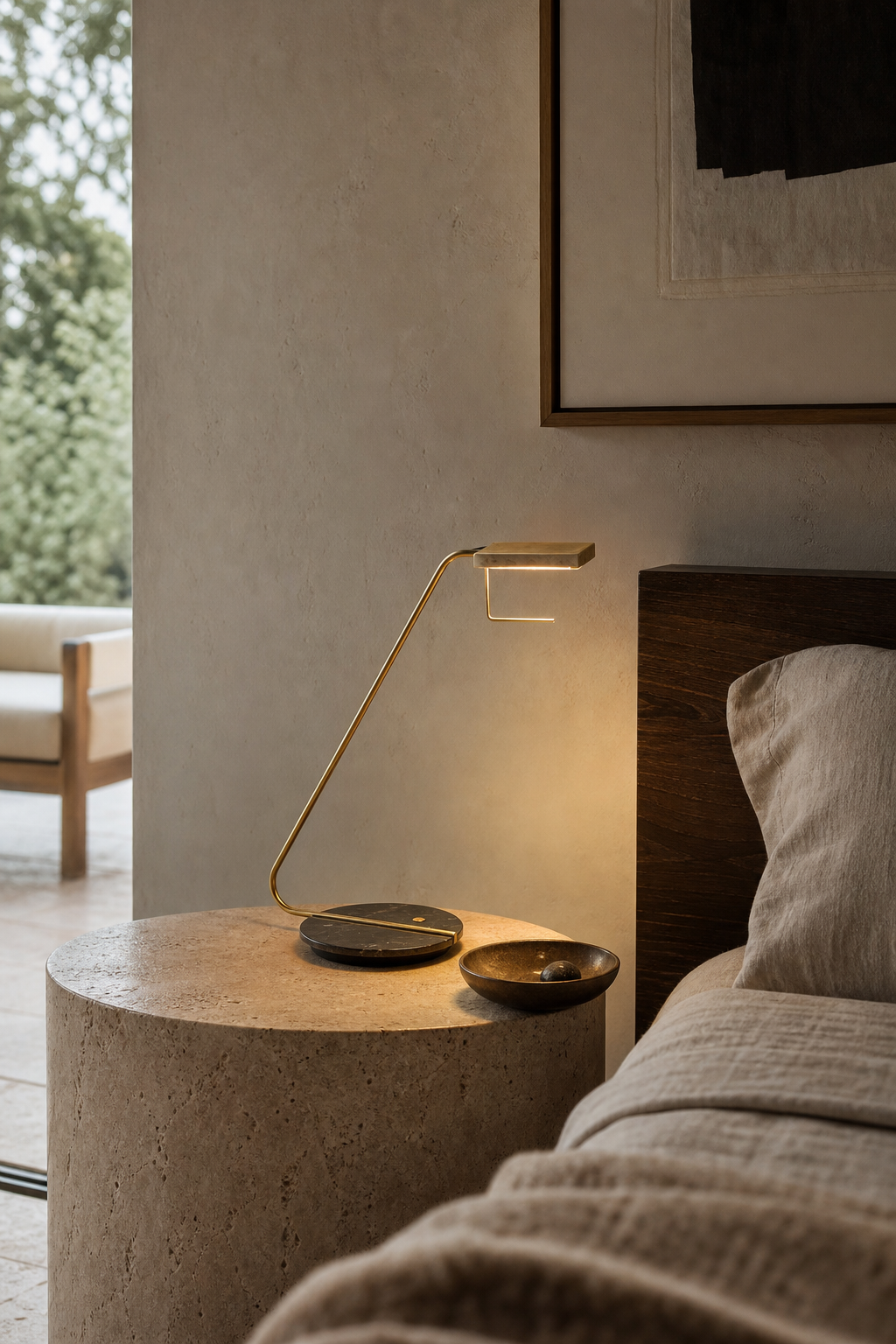Antique Brass Marble LED Table Lamp styled in a bedroom interior, view 9