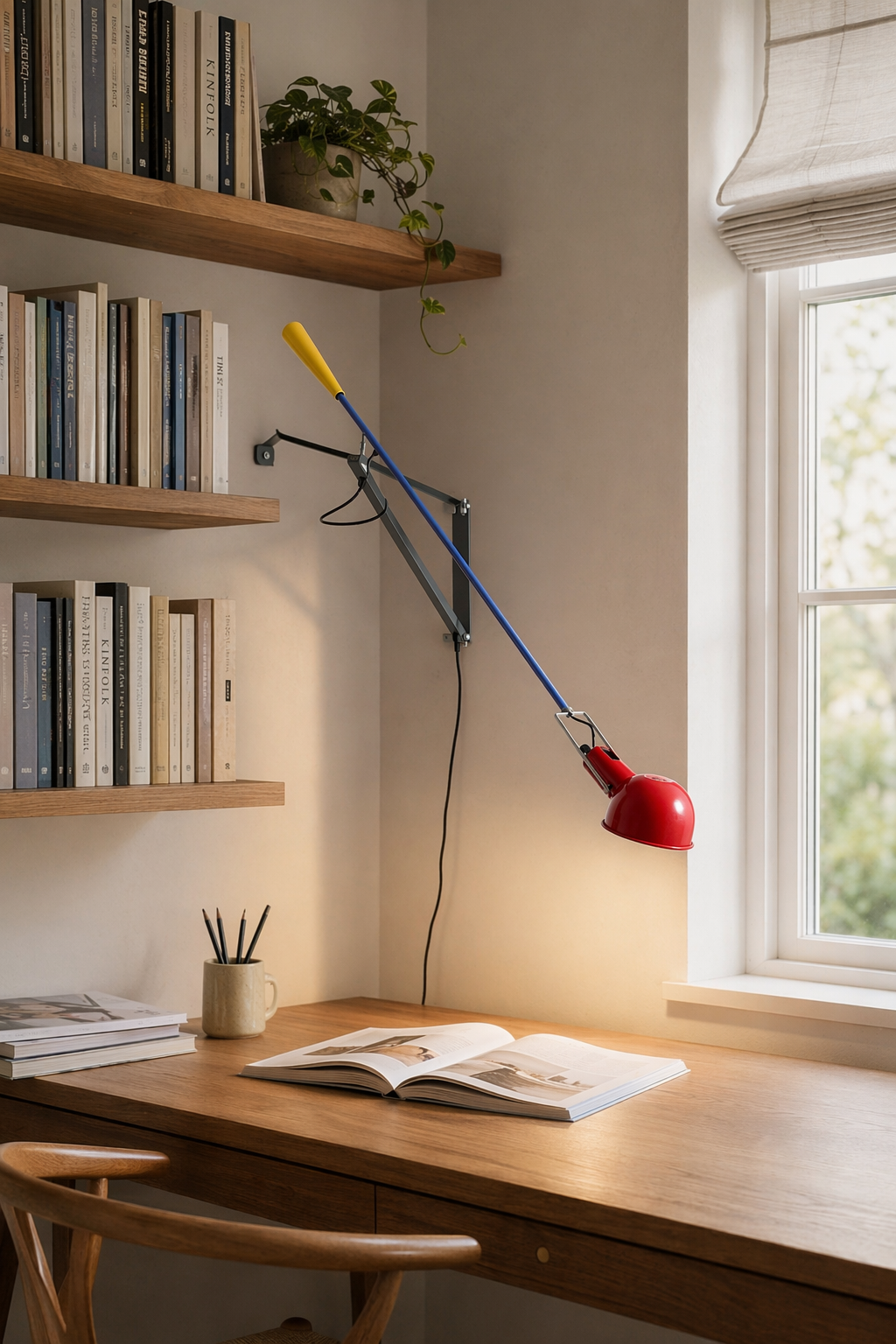Red swing-arm wall lamp 7014 on a library wall