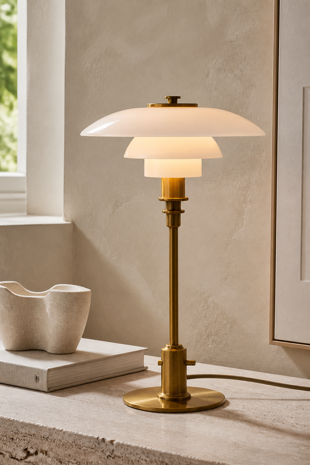 Tiered Opal Glass Table Lamp — architectural tabletop detail scene