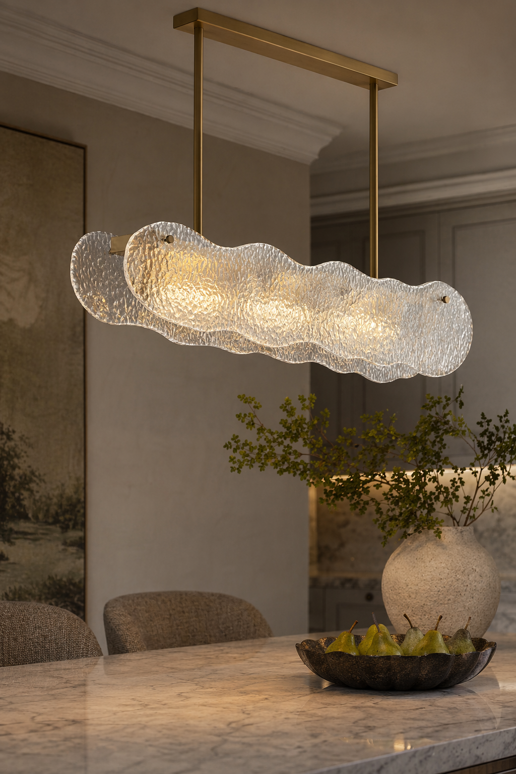 Modern Textured Glass Linear Island Chandelier - 09 09-lit-glass-detail-scene