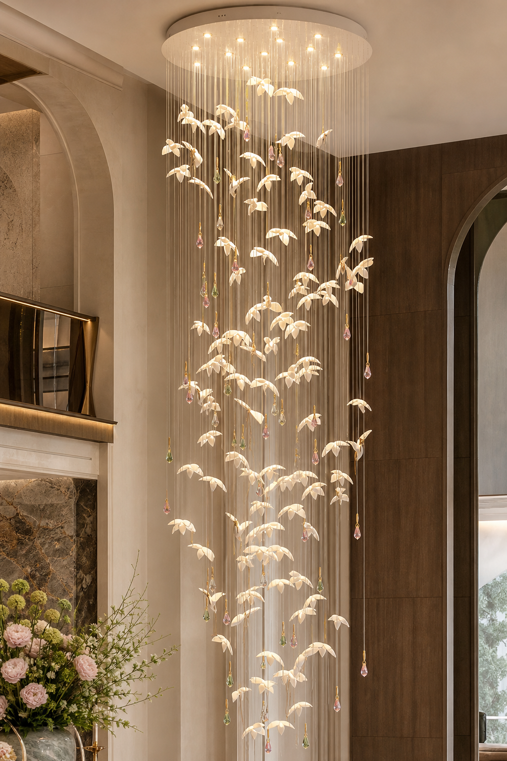 Floating Orchid Ceramic Grand Cascade Chandelier lobby close lifestyle