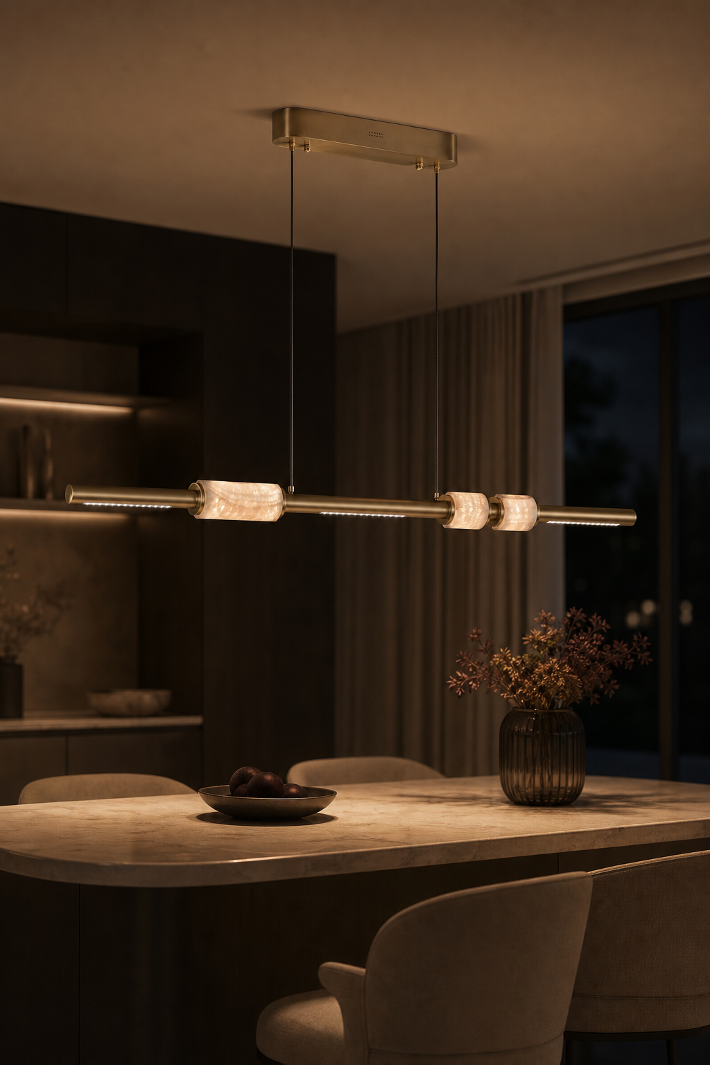 Modern Crystal Linear LED Island Chandelier - generated main 09 09-night-dining-mood