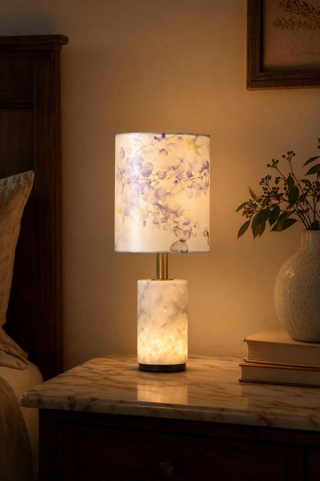 Modern Purple Floral Fabric Shade Table Lamp - generated main 09 09-night-mood