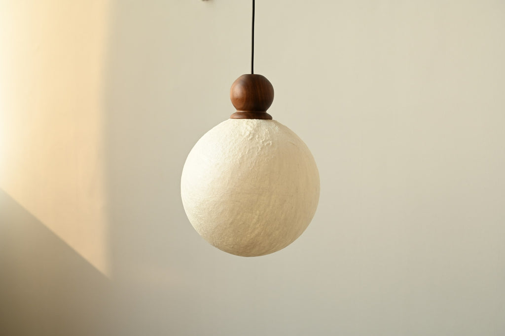 Modern Mulberry Silk Globe Pendant Light in Dark Walnut - 09 09-product-lit-side