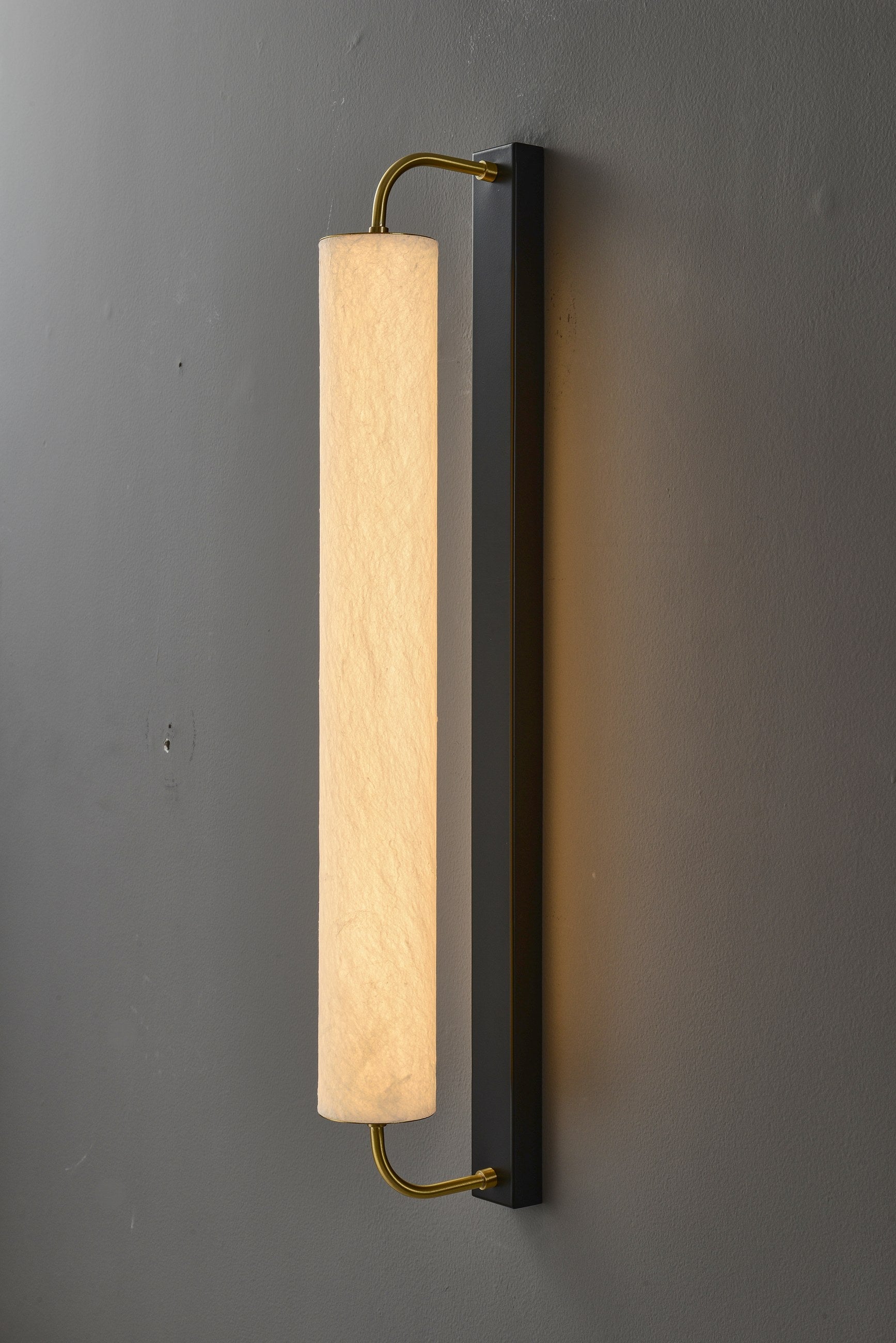 Modern Mulberry Silk Cylinder Wall Sconce in Brass or Black - 09 09-product-real-brass-large-lit-front