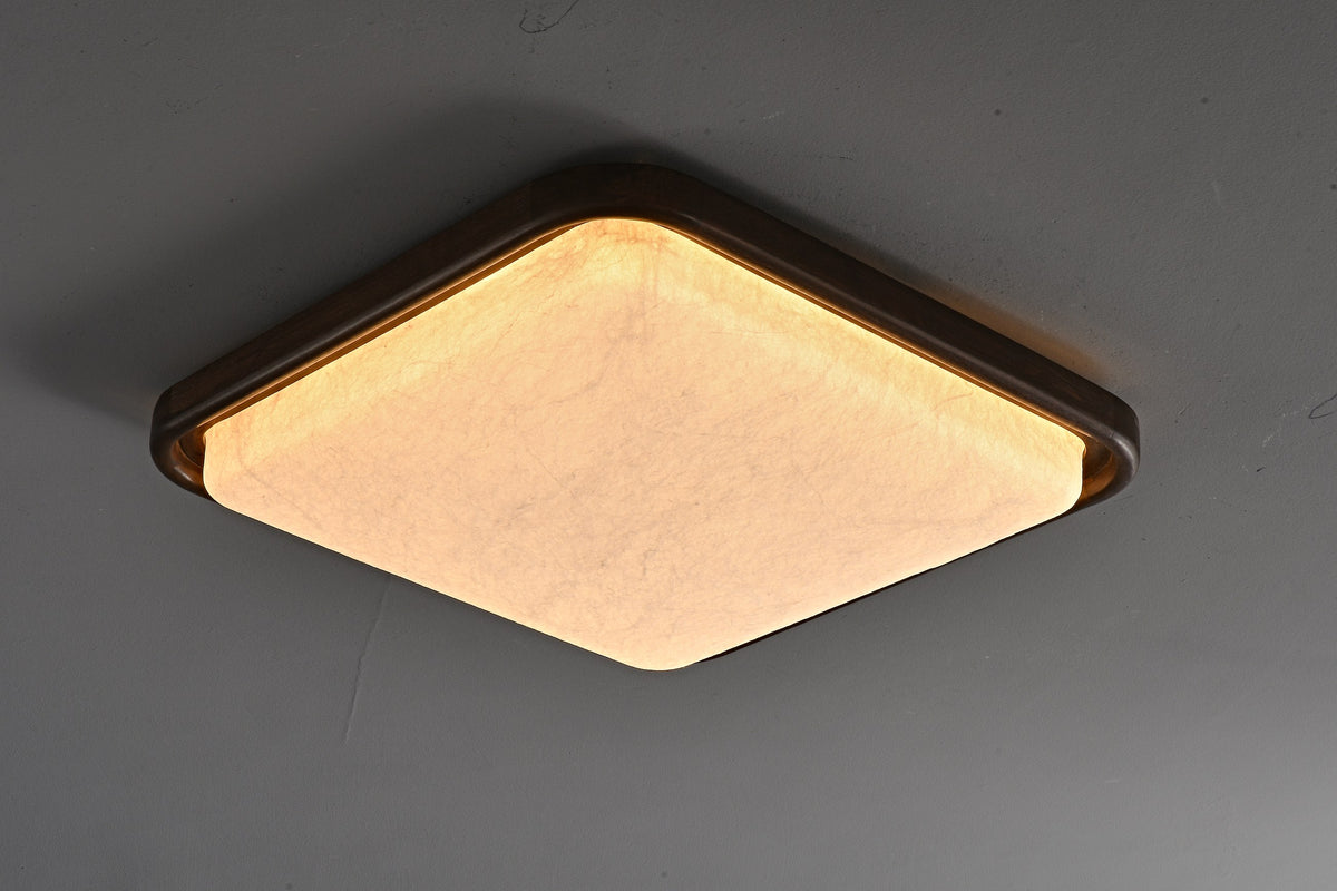 Modern Mulberry Silk Geometric Ceiling Light in Walnut and White - 09 09-product-real-square-lit-angle
