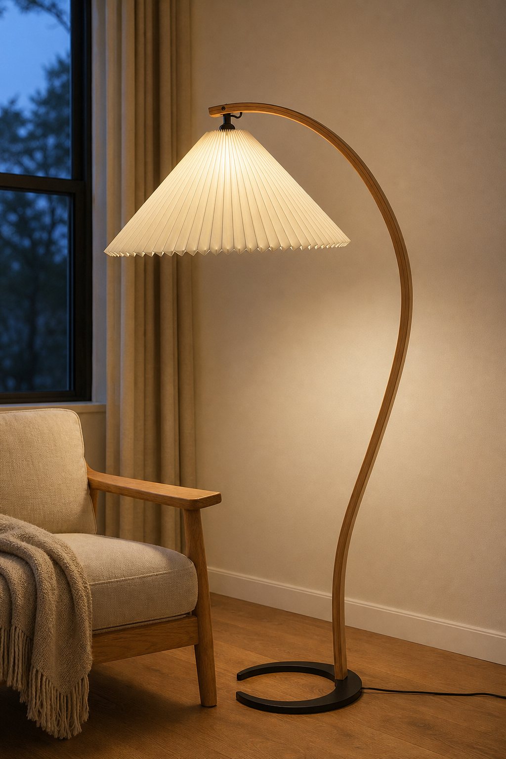 Sculptural Wood Floor Lamp — illuminated floor lamp in a quiet evening interior