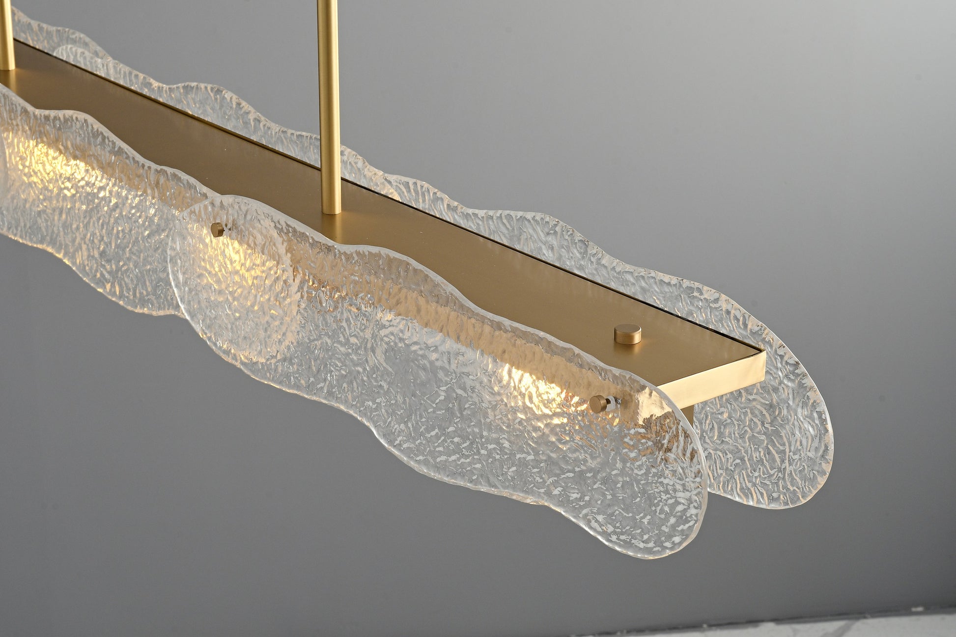 Modern Textured Glass Linear Island Chandelier - 20 09-real-brass-canopy-detail