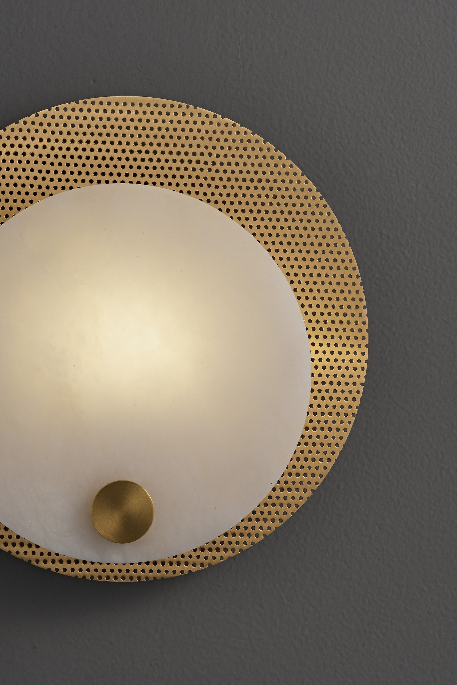 Modern Perforated Copper Alabaster Round Wall Sconce - 22 09-real-front-detail-lit