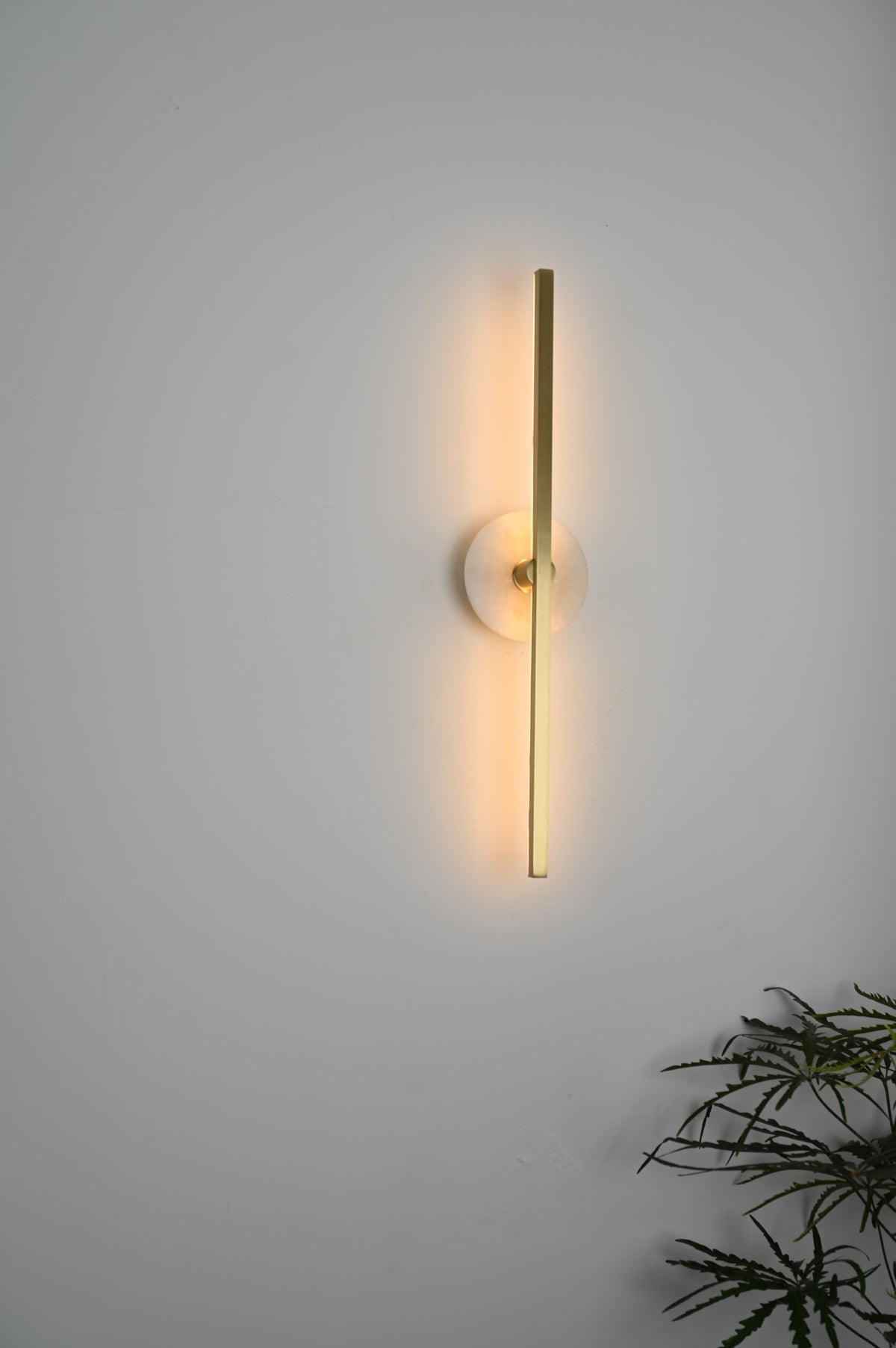 Modern Stone Disc Linear Wall Sconce in Natural Brass - 09 09-real-full-lit