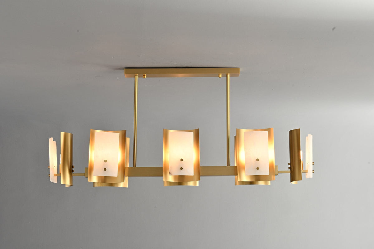 Modern Brushed Brass Alabaster Linear Chandelier - 09 09-real-shot-brushed-brass--alabaster-linear-chandelier-front