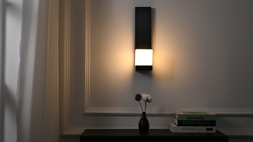 Modern Snowflake Alabaster Wall Sconce in Brushed Black - 09 09-real-shot-video-frame-side
