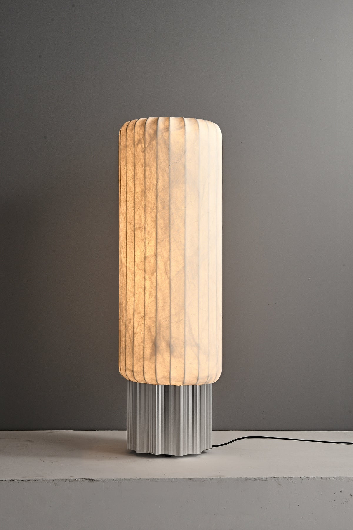 Modern Mulberry Silk Cylinder Table and Floor Lamp in Pewter Gray - 08 09-real-table-lamp-side