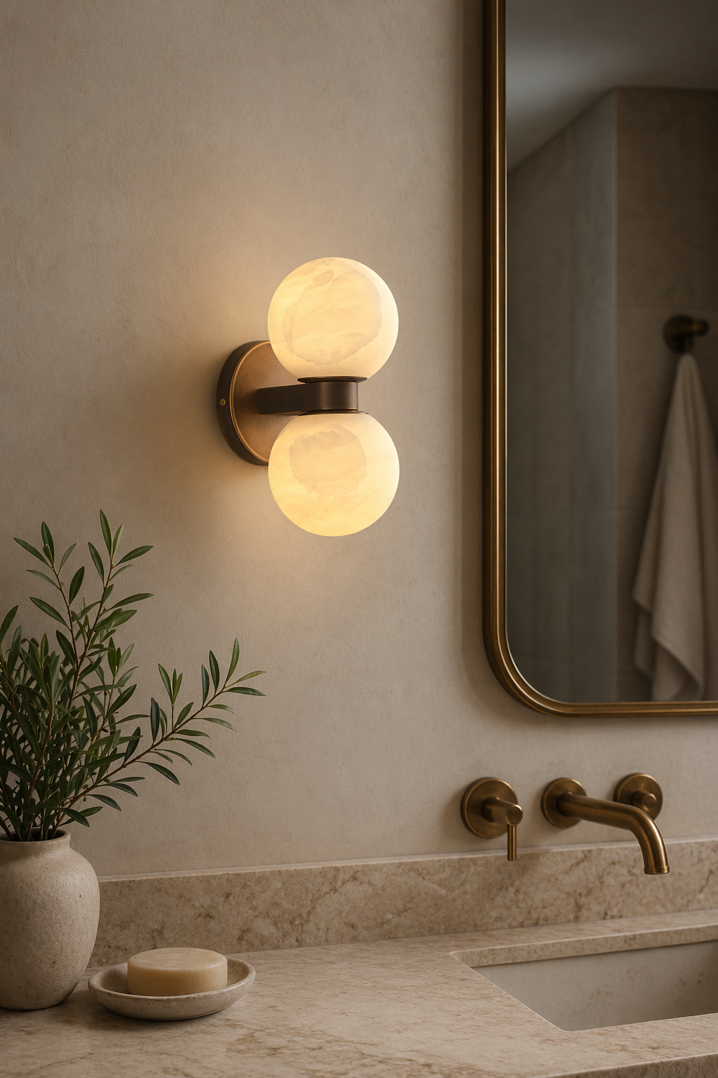 Modern Alabaster Double Globe Wall Sconce in Antique Brass - product image 07