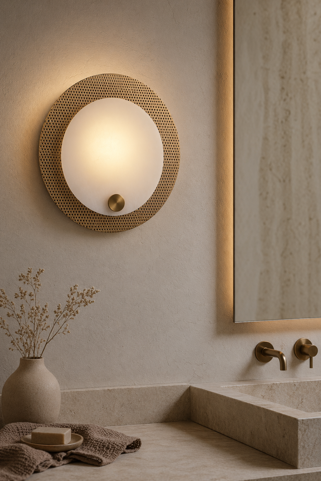 Modern Perforated Copper Alabaster Round Wall Sconce - 09 09-spa-bathroom-dry-vanity-wall