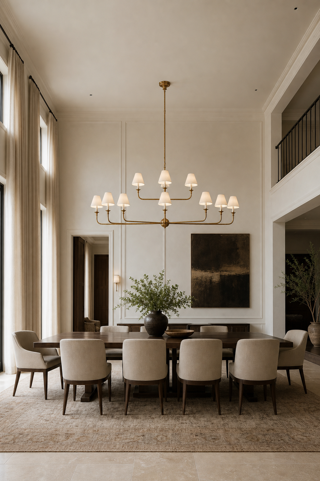 Tiered Brass and Fabric Linear Chandelier shown in a tall dining foyer, view 9