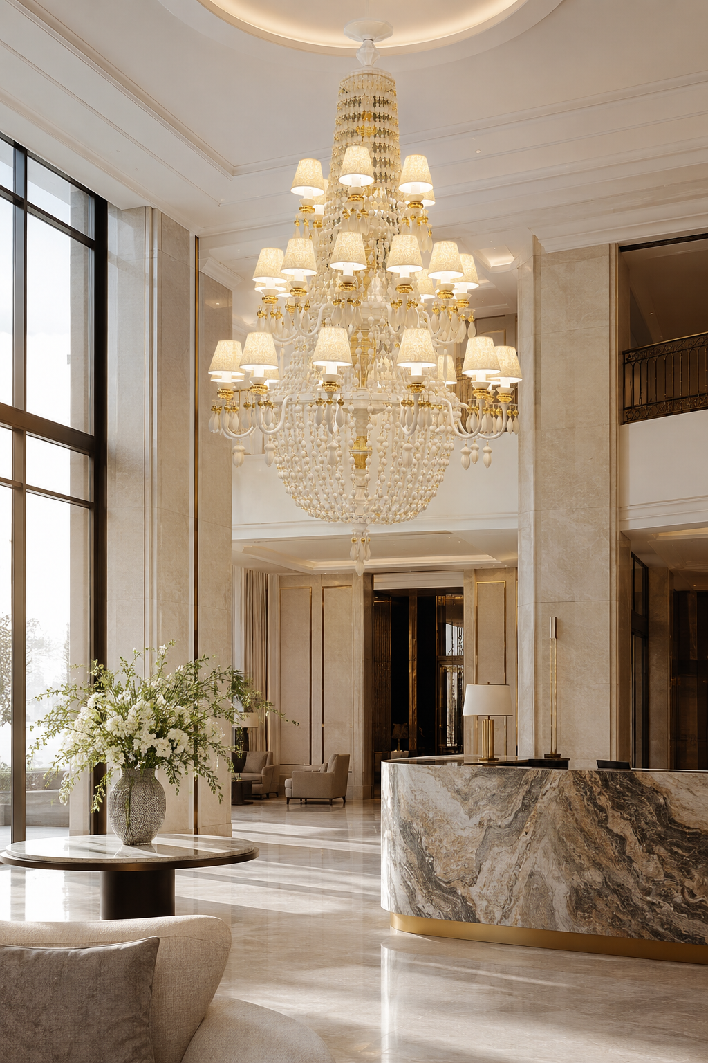 Ivorelle 30-light chandelier – double-height hotel lobby